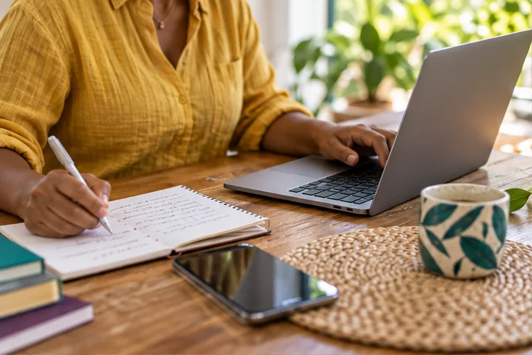 Adulto aprendendo a usar ferramentas de inteligência artificial em ambiente de estudo